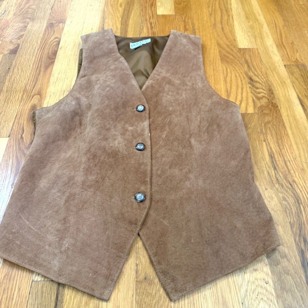 Paradox Vintage Tan Pig Suede Leather Vest Button Front Cinch Back Brown Size 14